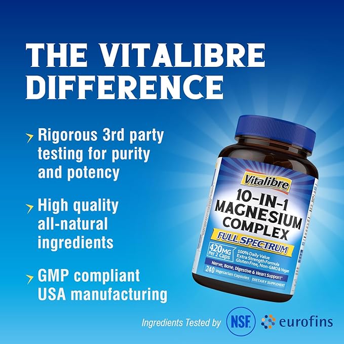 10 in 1 Magnesium Complex, 420mg Elemental Magnesium | Ultra Strength, Max Absorption | Chelated Magnesium Supplement for Sleep, Nerves & Heart Health | Non-GMO, 240 Vegan Capsules