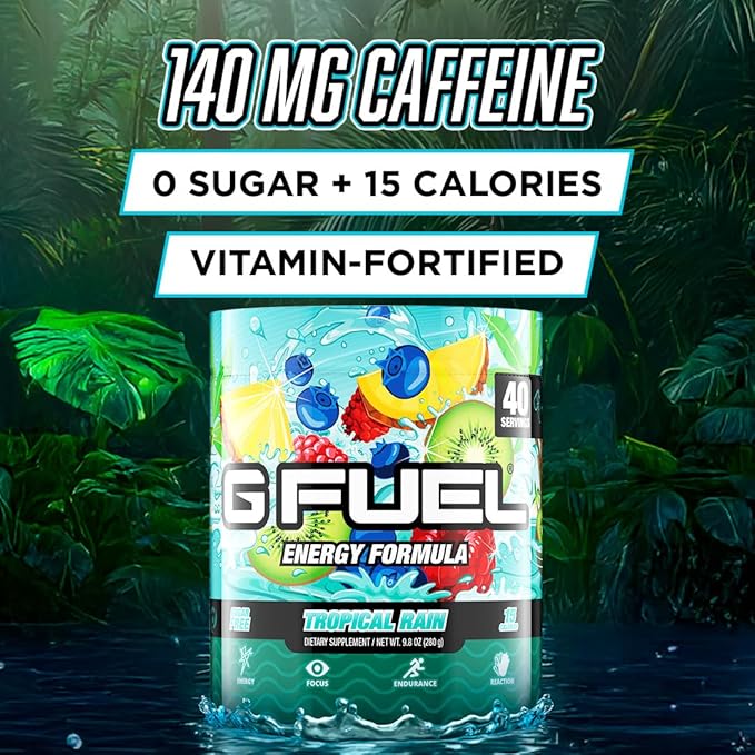 G Fuel Tropical Rain Energy Drink Powder, Pre Workout Caffeine Mix for Gaming, Sugar Free Focus Amino, Vitamin + Antioxidants, 9.8oz (Fruit Medley, 40 Servings)