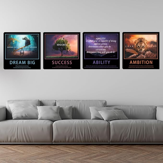Motivational Wall Decor Art Office Wall Decor Inspirational Wall Art Success Canvas Paintings Quotes Posters Wall Picture 4 Pieces Framed Artwork Living Room Bedroom Home Decoration 12"x12"x4pcs