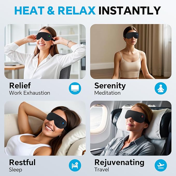Heated Eye Mask for Dry Eyes Relief, Cordless Eye Mask with 3 Heat Settings, Washable Eye Cover, Warm Heating Pad for Stye Eye Treatment & Travel Use