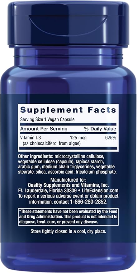 Life Extension Vegan Vitamin D3, Joint/Bone Health, Immune Support, Non-GMO, Gluten Free, 60 Count
