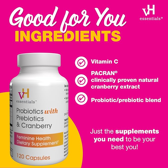 vH essentials Probiotics for Women with Prebiotics, Cranberry & Vitamin C - 120 Capsules (60 Day Supply) -Probiotics Support Gut Balance, Health & Urinary Tract Health for Women