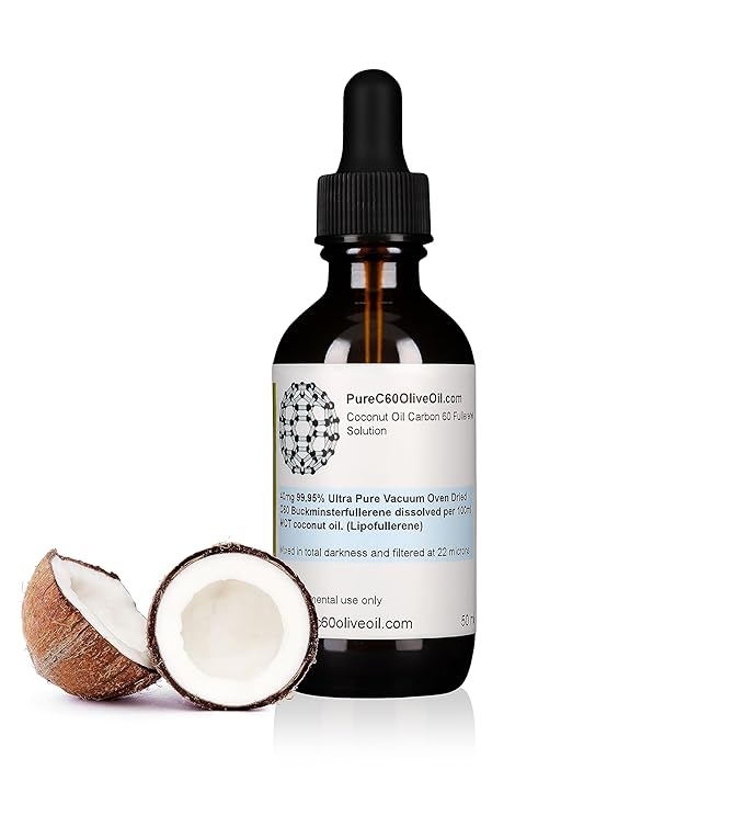 PureC60OliveOil C60 Organic MCT Coconut Oil 50ml / 1.7 Fl Oz - 99.95% Carbon 60 Solvent Free 20mg - Amber Glass Bottle - Food Grade - Carbon 60 MCT Coconut Oil - from The Leading Global Producer