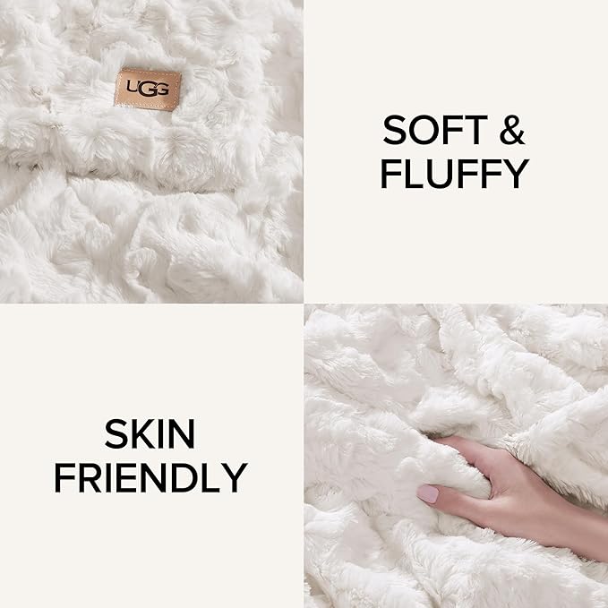 UGG Adalee Faux Fur Throw Blanket Luxury Lightweight Cozy Soft Throw for Couch Bed or Chair Hypoallergenic Machine Washable Double-Sided Fluffy Blanket Home Decor, 50-inch x 70-inch, Natural White