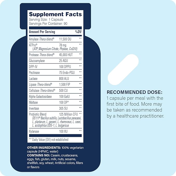 Complete Digestion, Full Support for Digestive Health and Help Reducing Gas, Bloating, Indigestion, and Irregularity with 125 Billion CFU Probiotics, Vegetarian, 90 Capsules