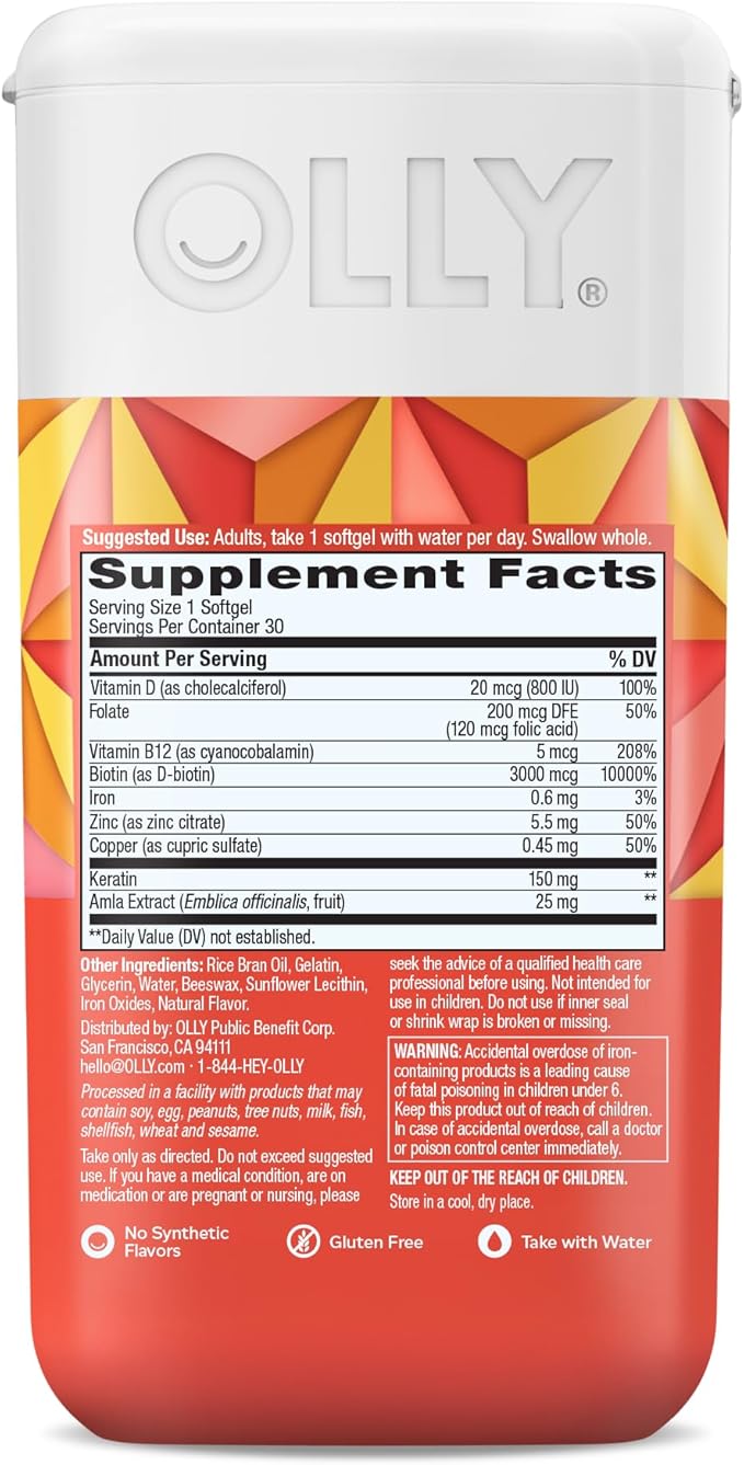 OLLY Ultra Strength Hair Softgels, Supports Hair Health, Biotin, Keratin, Vitamin D, B12, Hair Supplement, 30 Day Supply - 30 Count (Packaging May Vary) (Pack of 2)