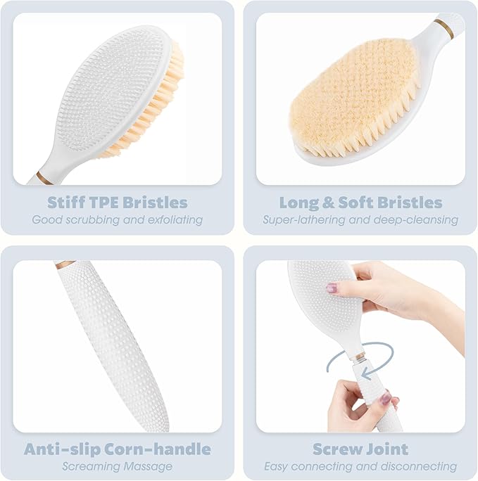 New Back Scrubber Anti-Slip for Shower, 18.9‘’ Adjustable Shower Back Scrubber with Dual-Side Head & Soft Bristles, Extra-Long Shower Brush Bath Brush for Lathering Cleansing(White-L)