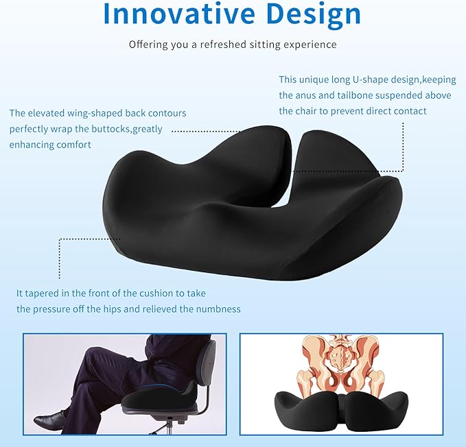 2025 Upgraded XL Memory Foam Tailbone Seat Cushion – Ergonomic Coccyx & Sciatica Support Pillow for Car & Office Chair– Back & Hip Pain Relief – Non-Slip, Comfortable. (Black)
