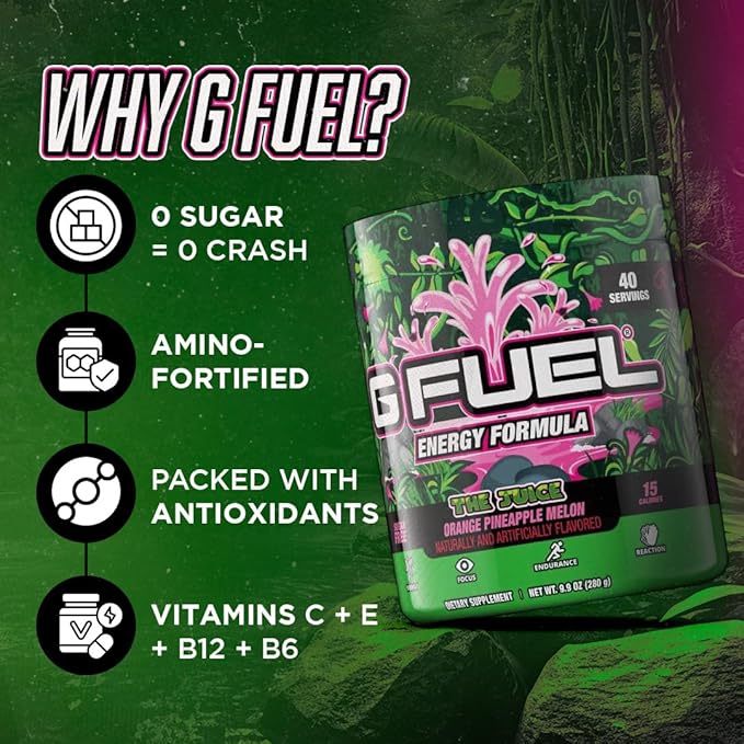 G Fuel The Juice Energy Drink Powder, Pre Workout Caffeine Mix for Gaming, Sugar Free Focus Amino, Vitamin + Antioxidants, 9.9oz (Pineapple & Melon Punch, 40 Servings)