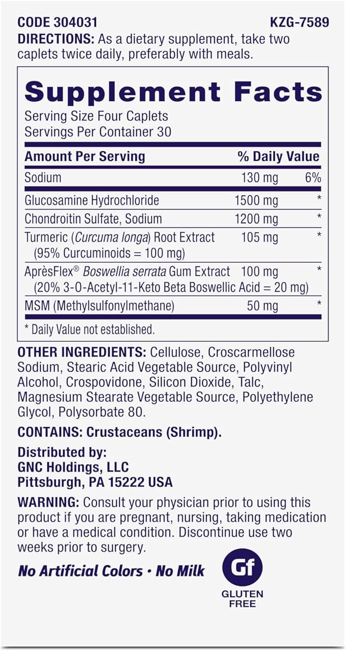 GNC TriFlex Fast-Acting 2.0, Improves Joint Comfort and Stiffness, Clinical Strength Doses of Glucosamine/Chondroitin and Boswellia- Plus Turmeric, 120 Caplets