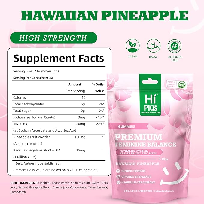 Premium Women's Vaginal Probiotics - Immune Health Support, Digestive Health, Vegan, Non-GMO, Gluten-Free, PH-Balanced Hawaiian Pineapple Flavored Gummies, 60 Gummies