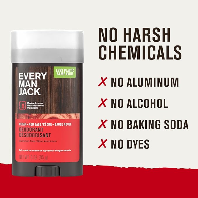 Every Man Jack Cedar + Red Sage Men’s Deodorant - Stay Fresh with Aluminum Free Deodorant For all Skin Types - Odor Crushing, Long Lasting, with Naturally Derived Ingredients - 3oz (2 Pack)