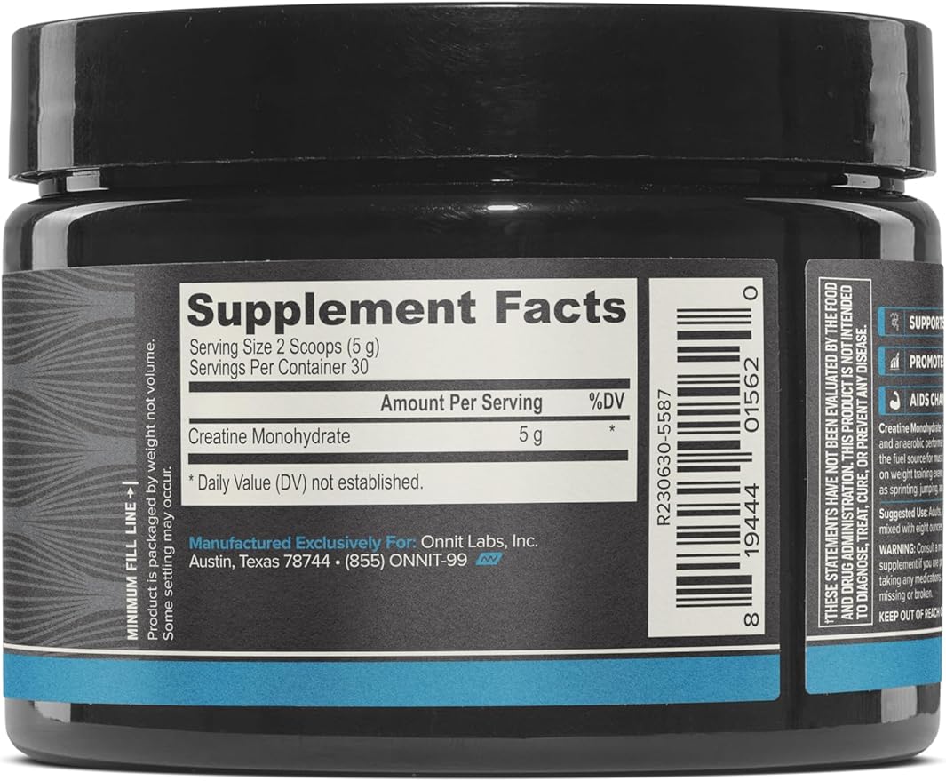 ONNIT Creatine Monohydrate Powder – 5g Premium Creatine for Muscle Strength, Power & Lean Mass, Supports Brain Health & Cellular Energy, Unflavored, 30 Servings, 5.29 oz