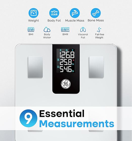 GE Smart Body Fat Scale: with BMI for Body Weight and Fat Percentage Composition Digital Bathroom Weight Scale Bluetooth with Large LCD Display Accurate Weighing 396lbs White