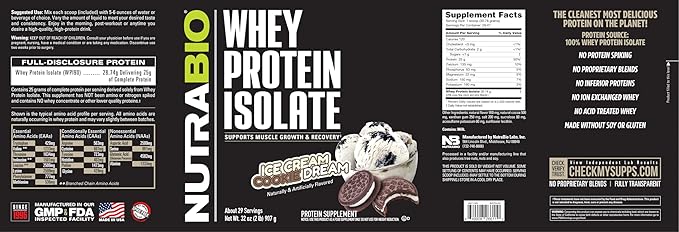 NutraBio 100% Whey Protein Isolate Protein Powder, 25g Protein with Complete Amino Acid Profile, Non-GMO, Soy & Gluten Free, Low Carb, Low Calorie Whey Protein Powder, Ice Cream Cookie Dream, 2 Lbs