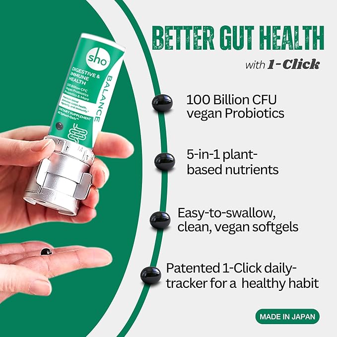 SHO Balance 100 Billion CFU Prebiotics & Probiotics – Supports Digestive & Gut Health – Vegan Supplement for Women & Men – Lactobacillus Casei | Shelf-Stable Bottle | 60 Pills