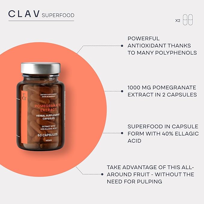 CLAV Pomegranate Extract - 1000mg Daily Dose - 40% Ellagic Acid - Vegan Pomegranate Supplement - Heart & Joint Support - 60 Capsules - Made in Germany