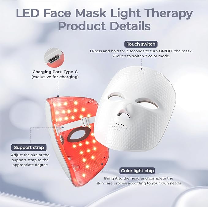 Red Light Therapy Mask for Face,Cordless LED Face Mask Light Therapy,USB C Rechargeable,Infrared Light Therapy Mask for Home Working Travel Yoga Sleep
