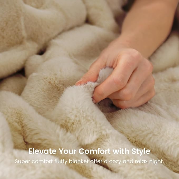 Cozy Bliss Fluffy Faux Fur Blanket Queen Size for Bed, Fuzzy Soft Striped Plush Blanket, Thick Throw for Bedroom Couch Gift, 90x90 Inches Beige