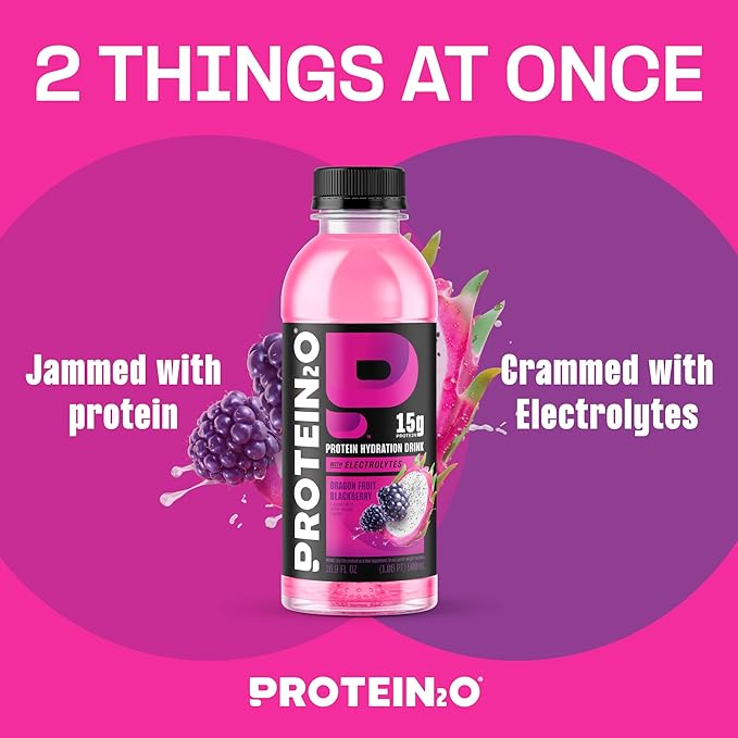 Protein2o Hydration Drink - 2-in-1 Liquid Clear Whey Protein Isolate and Electrolyte Drink - 15g Protein, Vitamins B5, B6 - Post-Workout Recovery - 16.9 Fl Oz - 12 Count Dragon fruit Blackberry