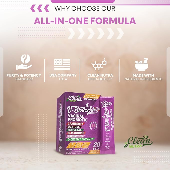 Clean Nutraceuticals Vaginal Probiotics for Women with Cranberry Extract, D-Mannose, Prebiotics, pH Balance for Women, Vaginal Health – Womens Probiotic Alternative to Gummies - 20 Stix