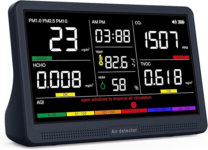 Professional Indoor Air Quality Monitor with 7X AQI Beep Alarms,16 in 1 Portable Real-Time Detector for PM2.5 | PM10 | CO2 | TVOC | HCHO | Temp | Hum for Home Cars Plants Pets