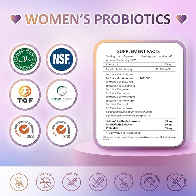 Probiotics for Women 55 Billion CFU – Vaginal & Digestive Health, Immune Support, Sleep & PH Balance – with Cranberry, β-Glucan, Prebiotics & Postbiotics – Once Daily Capsule - 30 Capsules Pack