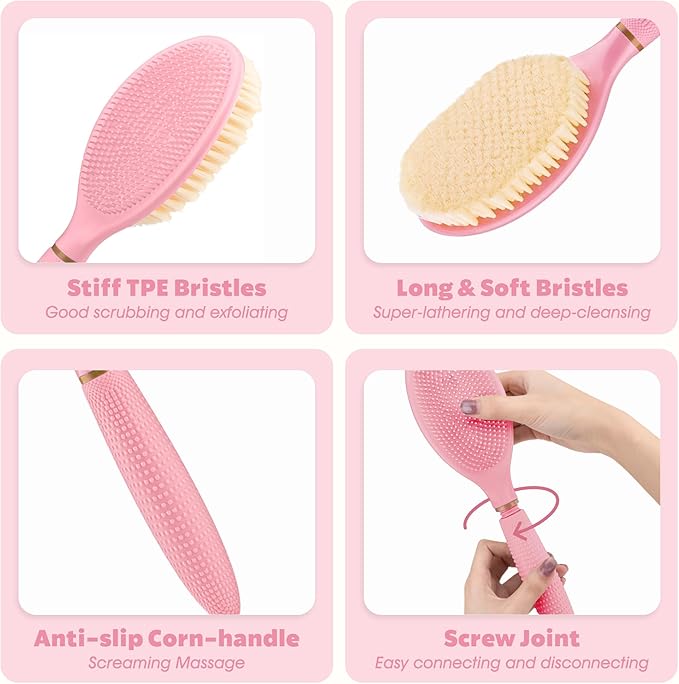 New Body Brush for Wet or Dry Brushing, Anti-Slip Corn-Handle Shower Brush with Large Dual-Side Head & Soft Bristles, Easy-to-use Bath Brushes for Lathering Cleansing(Pink-S)