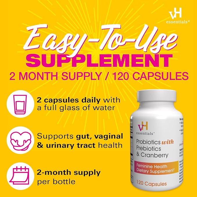 vH essentials Probiotics for Women with Prebiotics, Cranberry & Vitamin C - 120 Capsules (60 Day Supply) -Probiotics Support Gut Balance, Health & Urinary Tract Health for Women
