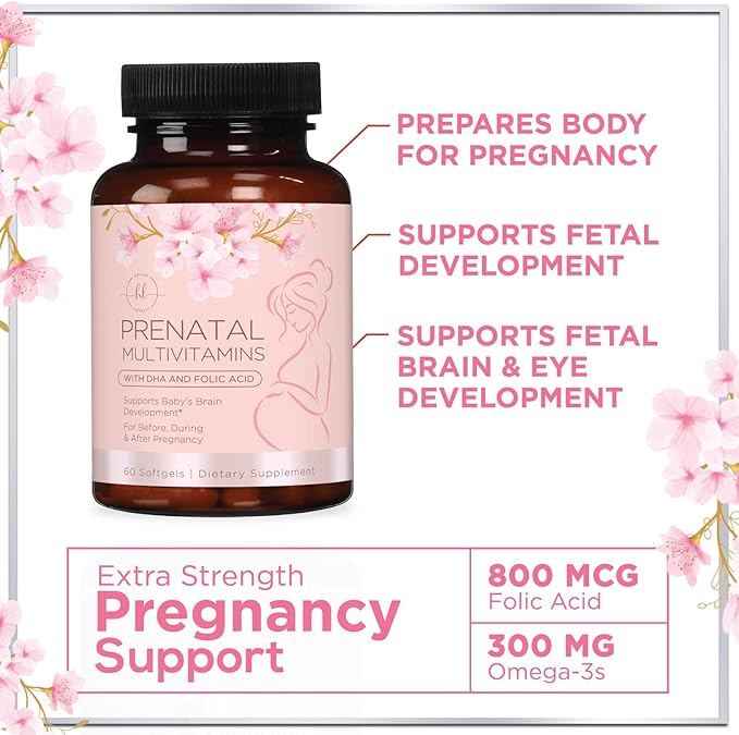 Prenatal Vitamins For Women With Folic Acid, DHA & Iron - Women's Prenatal Multivitamin, Essential Pre Natal Vitamins with Folate, Omega 3, D3, B12, Pregnancy Supplement for Mom & Baby - 60 Softgels