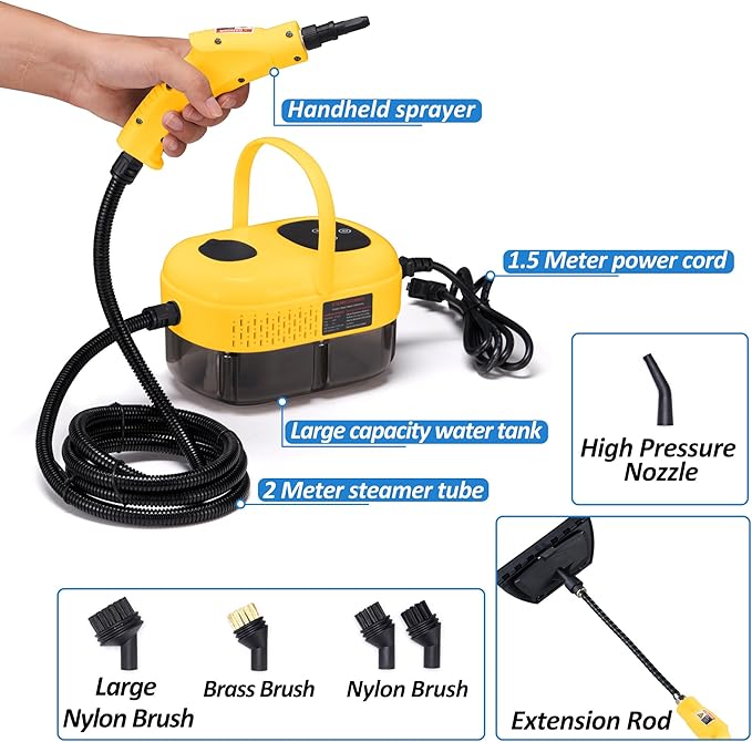 Spurgehom Handheld Steam Cleaner, 15s Heat-Up 1L Tank Portable Steam Cleaner, 2500W High Temperature Multipurpose Steamer for Cleaning, 6 Gears Adjustable Handheld Steamer for Home, Yellow