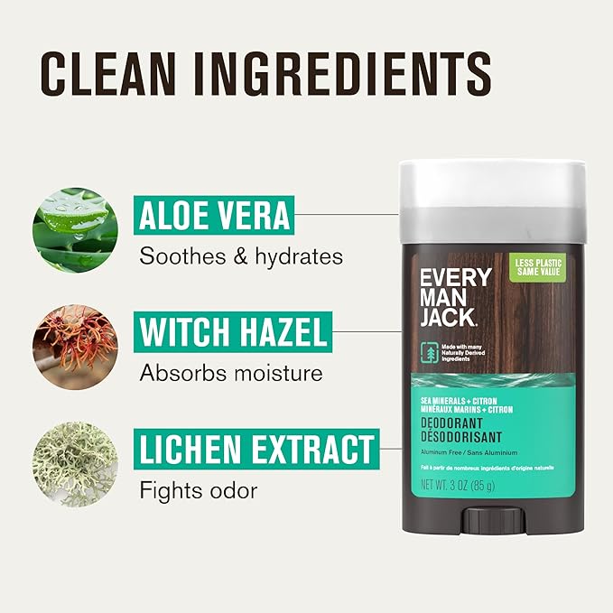 Every Man Jack Sea Minerals + Citron Men’s Deodorant - Stay Fresh with Aluminum Free Deodorant For all Skin Types - Odor Crushing, Long Lasting, with Naturally Derived Ingredients - 3oz (2 Pack)