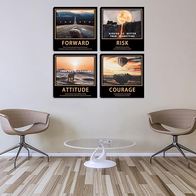 Motivational Quotes Wall Art 4 Pieces Posters Room Decor for Men Canvas Wall Art for Office Inspirational Picture Wall Decor Canvas Wall Painting Prints Home Decoration Framed Artwork 16"x16"x4pcs