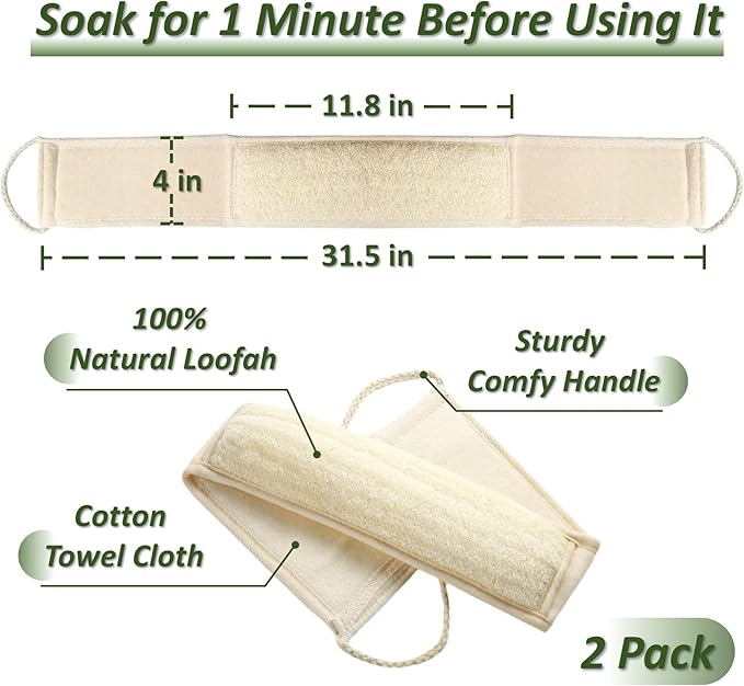 Natural Loofah Exfoliating Body Scrubber for Men and Women, Loofah with Handle, Exfoliating Back Scrubber for Shower Set, Luffa Sponge to Clean & Relax Your Body Deeply (2 Pack)
