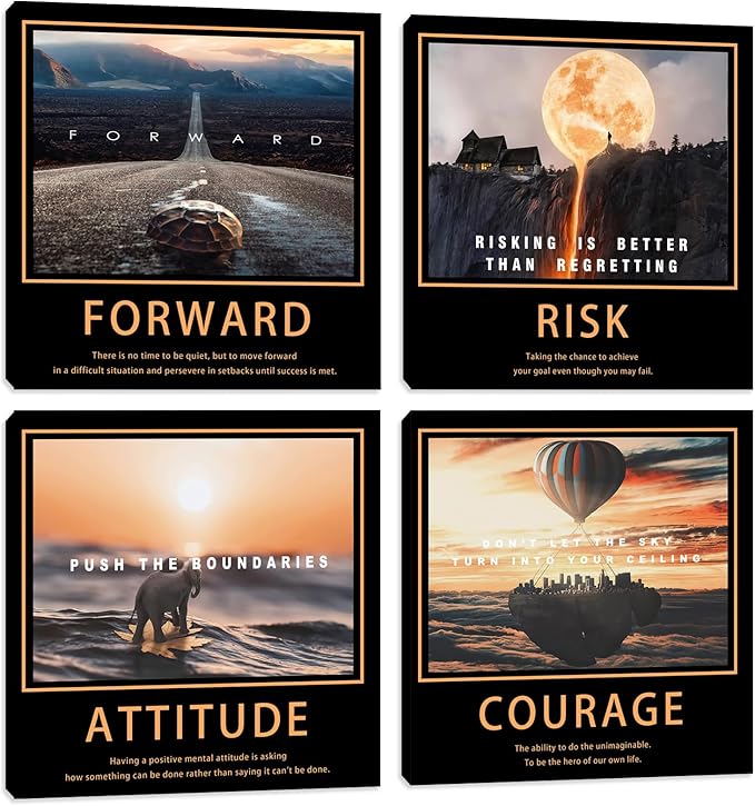 Motivational Quotes Wall Art 4 Pieces Posters Room Decor for Men Canvas Wall Art for Office Inspirational Picture Wall Decor Canvas Wall Painting Prints Home Decoration Framed Artwork 12"x12"x4pcs