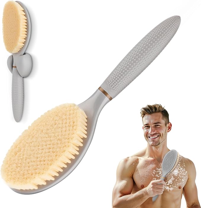 New Body Scrubber for Wet or Dry Brushing, Anti-Slip Corn-Handle Shower Brush with Large Dual-Side Head & Soft Bristles, Easy-to-use Bath Brushes for Lathering Cleansing(Gray-S)