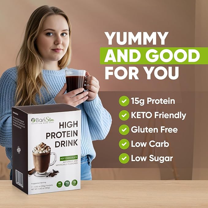 BariSlim Bariatric High Protein Drink Mix - Promotes Muscle Recovery & Healthy Lifestyle - Low Sugar & Low Carb - Ideal for Bariatric Patients & Post-Weight Loss Surgery Support | Hot Chocolate (9 oz)