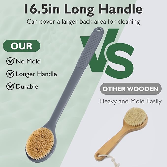 VANZAVANZU 17 Inch Back Scrubber for Shower, Anti-Slip Long Handle Shower Brush with Soft and Stiff Bristles, Exfoliating Bath Brush for Wet or Dry Brushing (Gray)