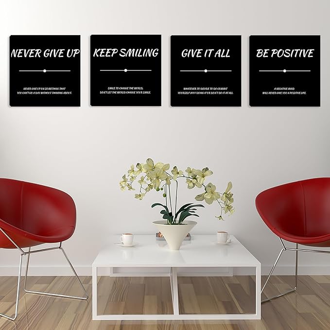 Motivational Poster Wall-Decor Black Inspirational Wall Art Office Wall Decor 4 Piece Positive Framed Canvas Wall Art for Bedroom Living Room Art Prints Decorations 16"x16"x4pcs