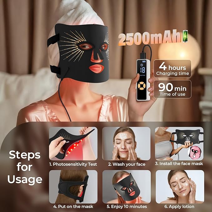 Red Light Therapy for Face-LED Face Mask Light Therapy with 3 Gears,2500mAh Battery,Remote Control,Infrared Red Light Therapy Mask for Home Working Travel Yoga Sleep