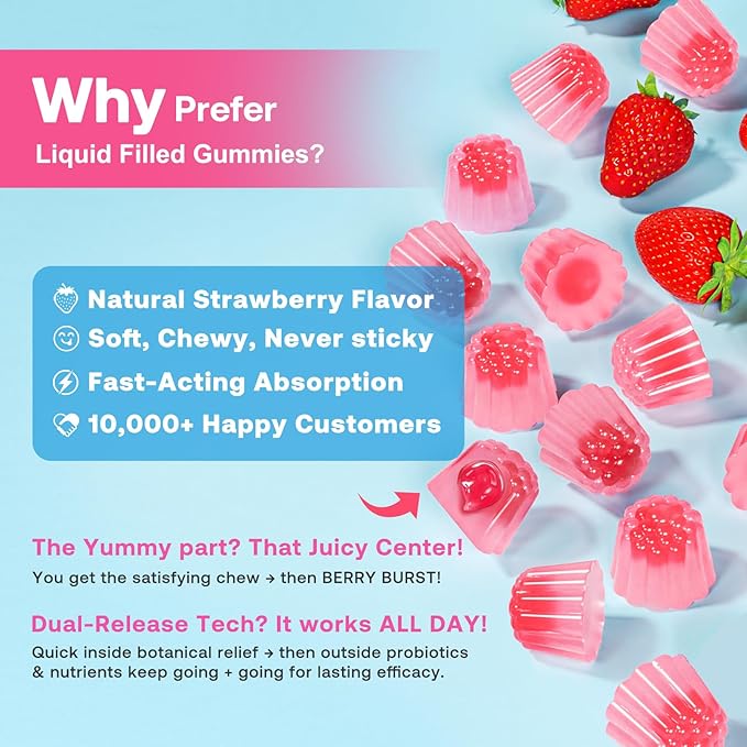 Feminine Balance Gummies for Women, Premium Ph Balance Gummies with Probiotic for Vaginal Flora Balance, Immune Support Supplement, Gluten-Free, Strawberry Flavor with Liquid Filled, 120 Count