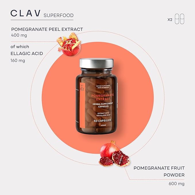 CLAV Pomegranate Extract - 1000mg Daily Dose - 40% Ellagic Acid - Vegan Pomegranate Supplement - Heart & Joint Support - 60 Capsules - Made in Germany