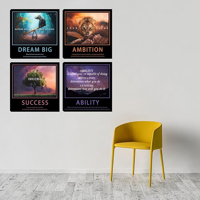 Motivational Wall Decor Art Office Wall Decor Inspirational Wall Art Success Canvas Paintings Quotes Posters Wall Picture 4 Pieces Framed Artwork Living Room Bedroom Home Decoration 12"x12"x4pcs