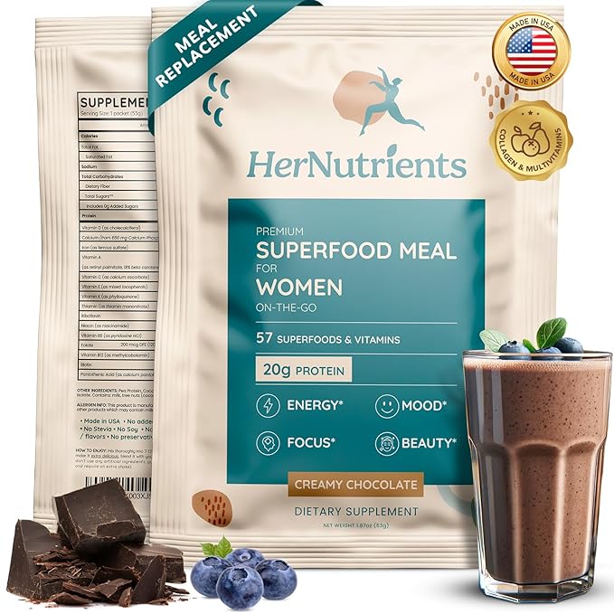SuperFood Meal Replacement for Women - All-In-One Protein Powder with Greens & Vitamins & Collagen | Chocolate Protein Shake & Supplement Snack for Women's Health, Energy, Focus, Beauty, Mood, No Added Sugar (12 Packets On-The-Go, Chocolate)