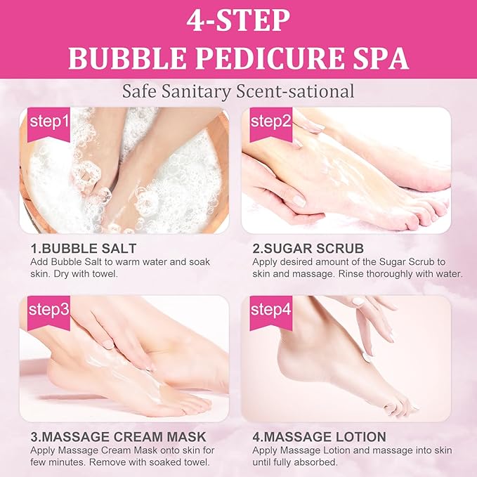 Pedicure Kit Foot Soak Set: Bubble Salt, Sugar Scrub, Massage Mask, Massage Lotion in a Box, 4 Step Foot Spa Kit for Dry Feet, Softens Calluses, Soothes Sore, Tired Feet（3 Set Rose)