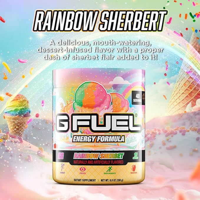 G Fuel Rainbow Sherbet Energy Drink Powder, Pre Workout Caffeine Mix for Gaming, Sugar Free Focus Amino, Vitamin + Antioxidants, 9.9oz (Rainbow Sherbet, 40 Servings)