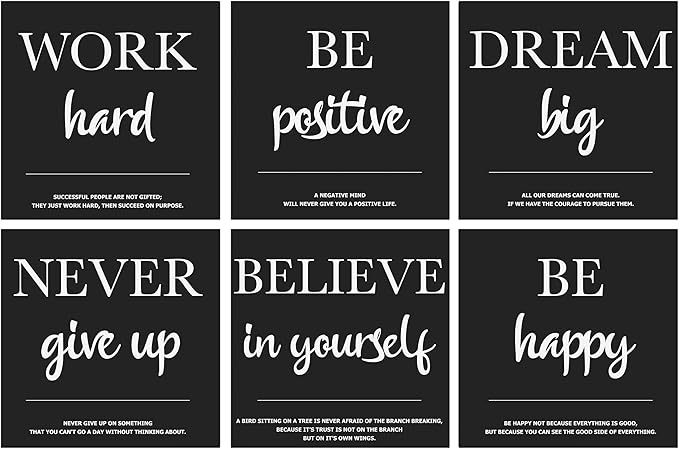 6X Motivational canvas, wall art for bedroom and office, inspirational black and white canvas poster, motivational poster set, decor bundle for home, wall pictures for living room (6x - 12 X 12 in)
