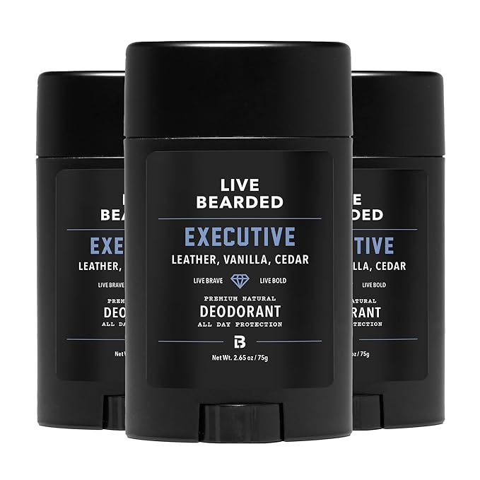 Live Bearded Men's Deodorant - Long Lasting, Aluminum Free, All Natural, Activated Charcoal Deodorant for Men, Travel Size - Executive, 3 Stick