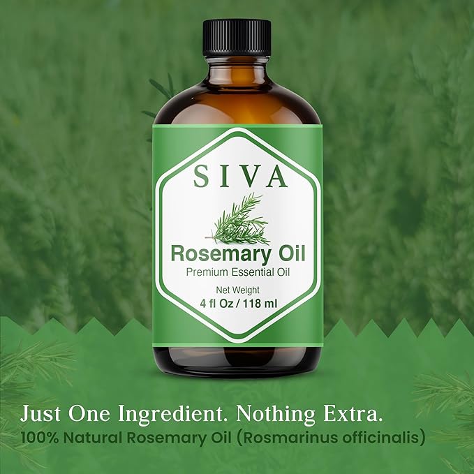 Siva Rosemary Essential Oil - 4 Fl Oz – Natural Rosemary Oil - for Diffuser, Face, Skin Care, Aromatherapy, Hair Care, Scalp and Body Massage - with Dropper