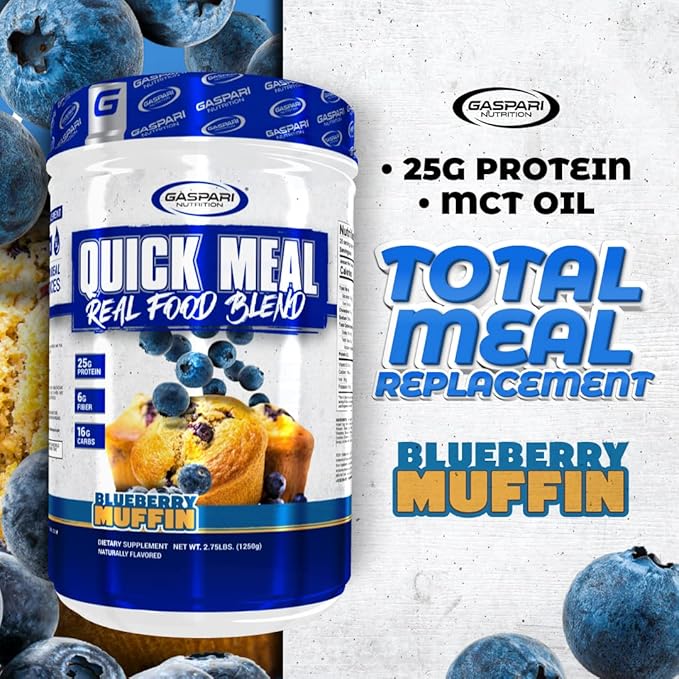 Gaspari Nutrition Quick Meal, Total Meal Replacement Protein Shake, Complete Protein from Beef Protein Isolate, Egg White Protein and Greek Yogurt Protein (2.75 lbs, Blueberry Muffin)